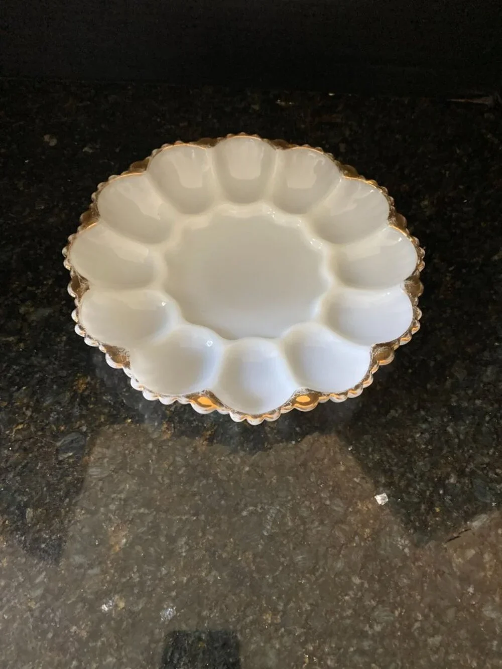 Milk Glass Deviled Egg Plate, 22 KT Gold Trim, 10